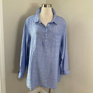 Jones New York Womens Plus 2X Blue 100% Linen Pullover Tunic Top Roll Tab Sleeve